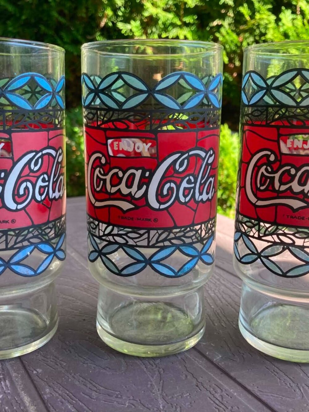 LOT OF 3 RARE 1970s Coca Cola stained glass Enjoy style Vintage 12oz Tumblers - Picture 1 of 5